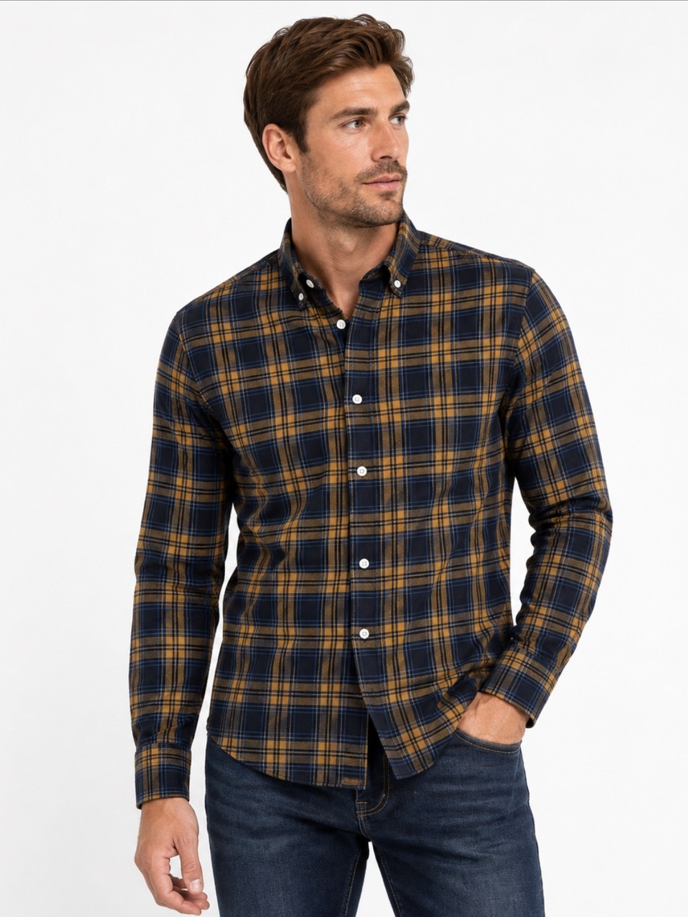 ASOS Plaid Button-Down Shirt Navy Mustard Men’s M